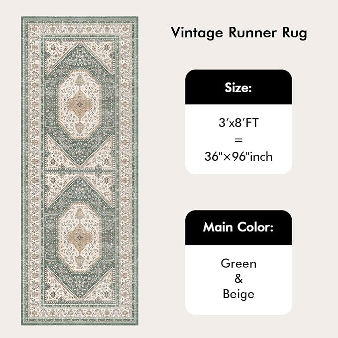 3x8 Runner Rug for Hallway Washable: Non Slip Kitchen Rugs with Rubber Backing Soft Waterproof Mats Stain Resistant Indoor Vintage Carpet Runner for Bedroom Bathroom Laundry Entryway Green/Beige