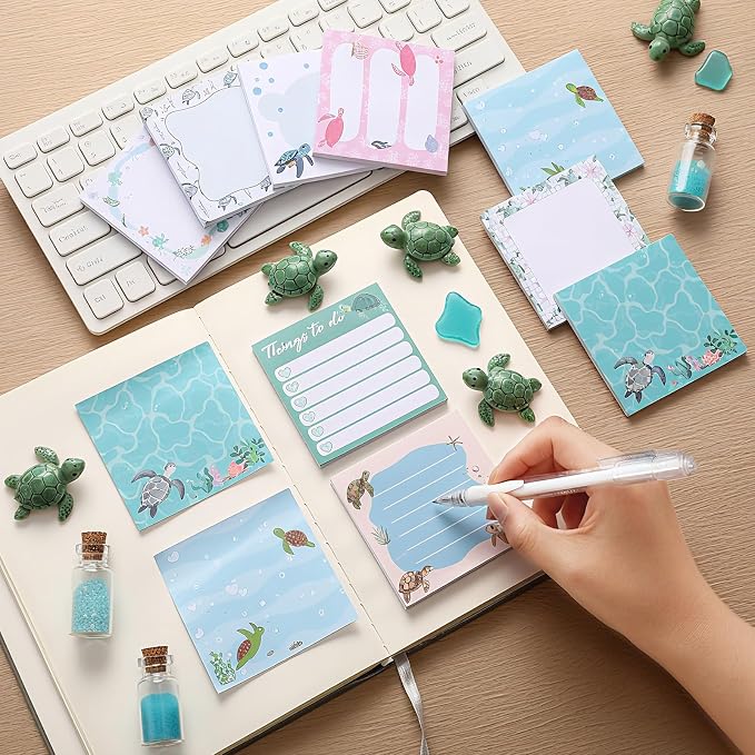 9 Pads Cute Sticky Notes Cartoon Self Stick Notepads 3x3 Inches Notes Adhesive Memo Pad Office Decor Gifts for Students School Teacher Office Meeting(Turtle)