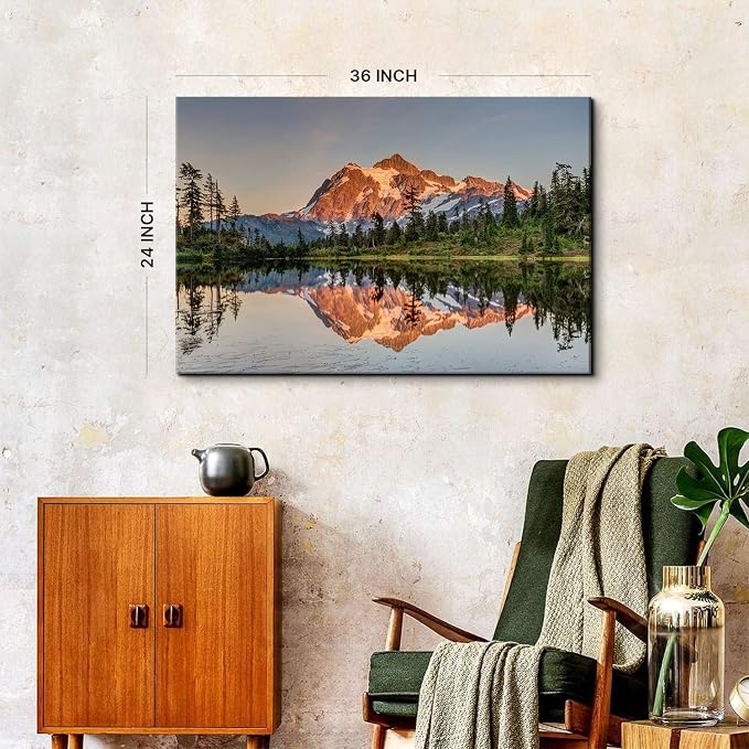 National Park Scenery Canvas Wall Art for Living Room, Sunset Nature Mountain Landscape Prints Picture Decor 24x36" Mount Baker Forest Lake Reflection Modern Painting Framed Artwork Bedroom Decoration