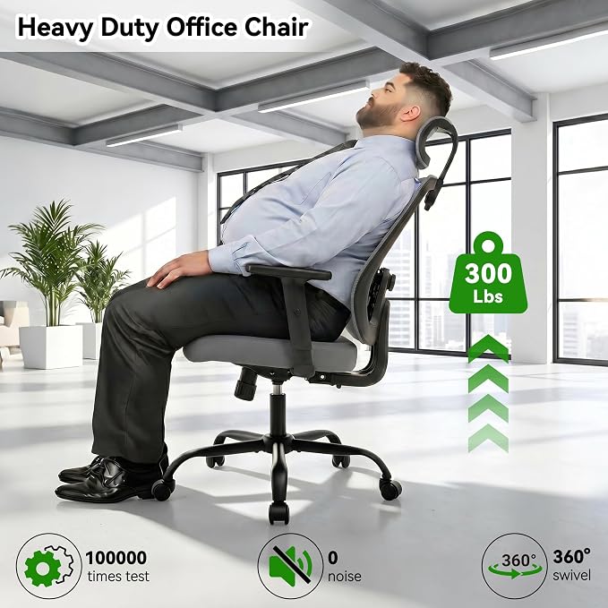 Office Chair with Mesh High Back, Ergonomic Office Desk Chair with Adjustable Lumbar Support, Rolling Work Chairs with Wheels and Headrest, Grey