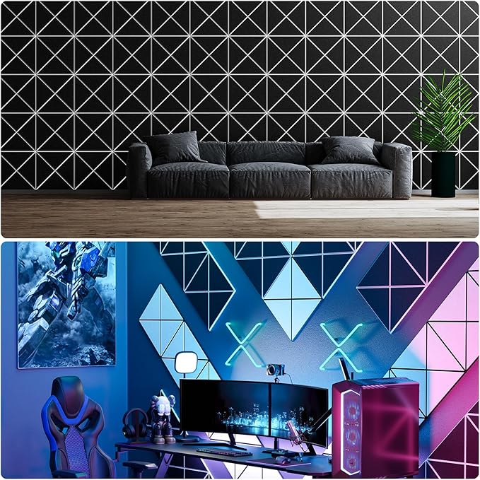 22 Pack X-Line Design Acoustic Panels, 12" X 12" X 0.4" Self-Adhesive Sound Proof Foam Panels for Walls, Soundproof Wall Panels for Home & Office (Black on White)