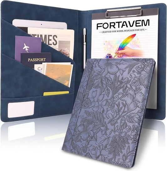 Professional Portfolio Binder, Faux Leather Padfolio for Resume, Note-Taking & Meetings, A4 Letter Writing Pad Holder (BlueF)