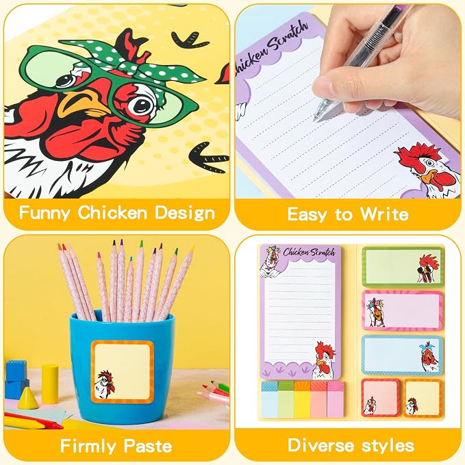 B1ykin Cute Sticky Notes Set - Chicken Scratch Self-Stick Notes Pad, 550 Sheets Writing Memo Pages Sticky Notepad for Teacher Appreciation Gifts, School Office Party Favors Supplies (Funny Chicken)