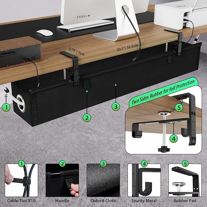 KEEGH Under Desk Cable Management Tray 36", No Drill Cord Organizer, Black | Heavy Duty, Large Capacity, 3-Level Clamp Fit 0"-2.5" Desks, Clamp/Screw Mount, for Home, Office, Gaming, Room, Studio
