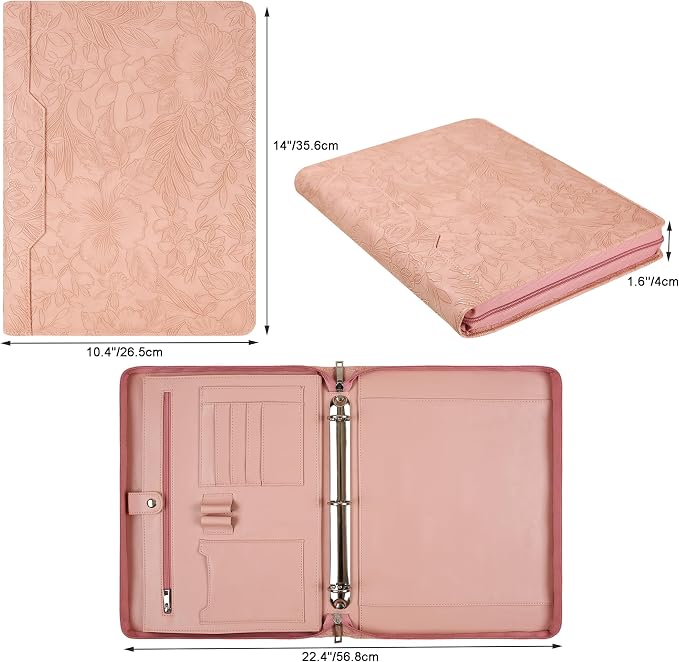 Vegan Leather Padfolio Binder, Personalized 3 Ring Binder for Women, Pink Leather, Handmade Portfolio Organizer, Engraved Resume Folder (Pink Pattern, Custom)