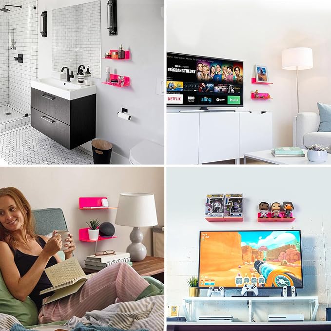 OAPRIRE Acrylic Floating Shelves Set of 2 - Easily Expand Wall Space - Small Wall Shelf with Strong Adhesive for Bedroom, Kids' Room, Bathroom, etc (Fluorescent Pink)