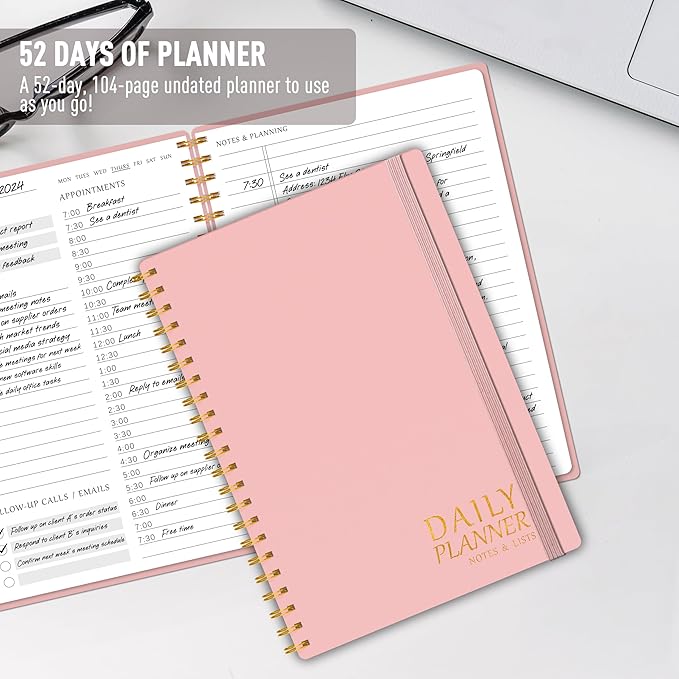 Daily Planner with Hourly Schedules - Undated To Do List Notebook, Spiral Bound, 5.5" x 8.5", Manage Your Tasks and Appointments, The Perfect Office Supplies for Women - Pink