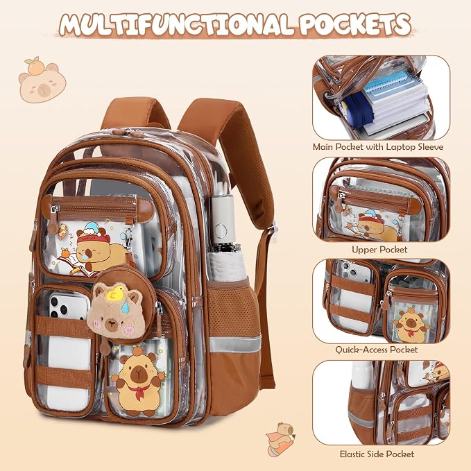 Capybara Theme Clear Backpack,Heavy Duty Transparent Backpack for Girls with Lunch Box Pencil Case,See Through Bookbag for Kids Teens Elementary Middle High School Stadium Approved