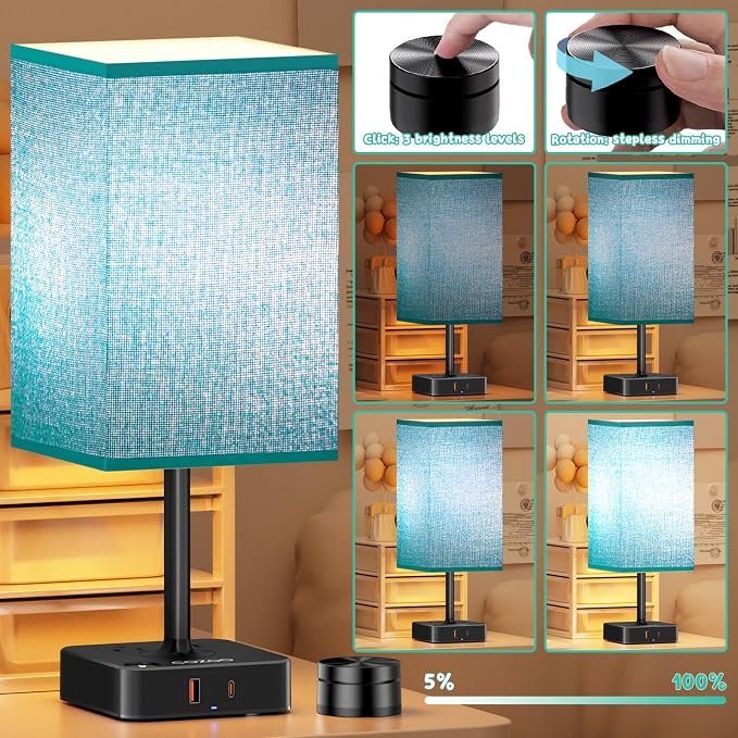 cozoo Bedside Table Lamp for Bedroom, 3 Way Dimmable & Remote Control Stepless Dimming Touch Nightstand Lamp, 2 USB Ports and 2 AC Outlets, Small Desk Light for Living Room, Bed, Study, Green