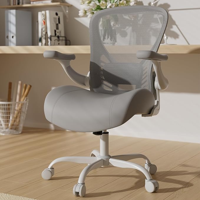 GYI Ergonomic Office Chair with Memory Foam Cushion, Big and Tall Office Chair, 4.7" Thickened Seat Heavy Duty Desk Chair with Technical Mesh Back, 3D Flip-up Arms, Wheels for Heavy People, Grey
