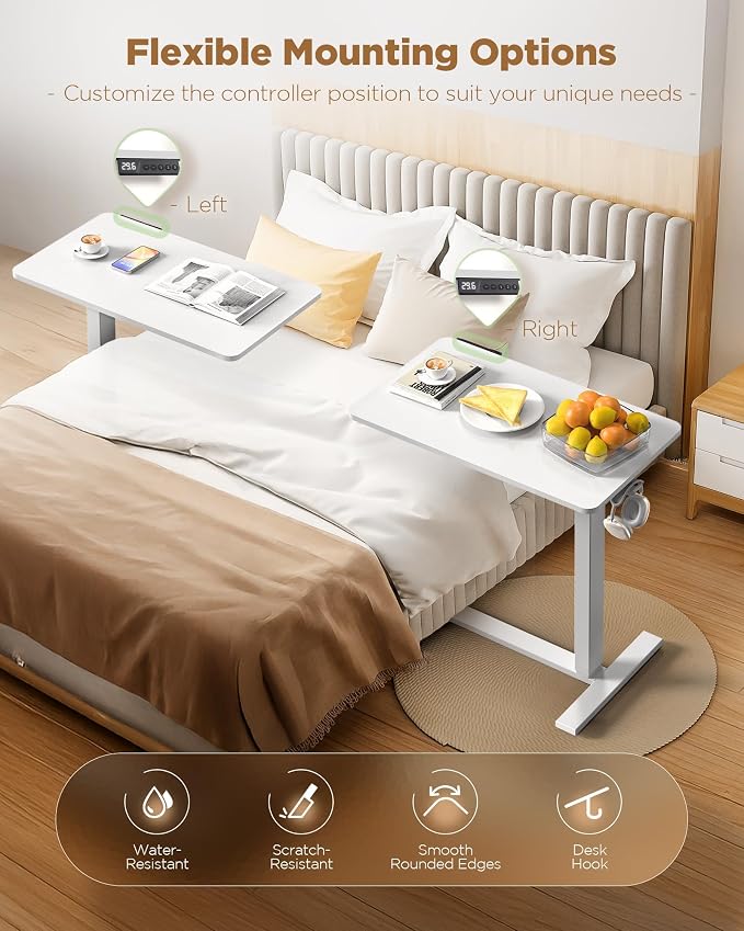 28"x 16" Electric Overbed Table, Rolling Laptop Desk for Bed, White | Height Adjustable Bedside Desk with Hidden Wheels, Mobile Standing Desk for Sofa, Home Office & Hospital Use