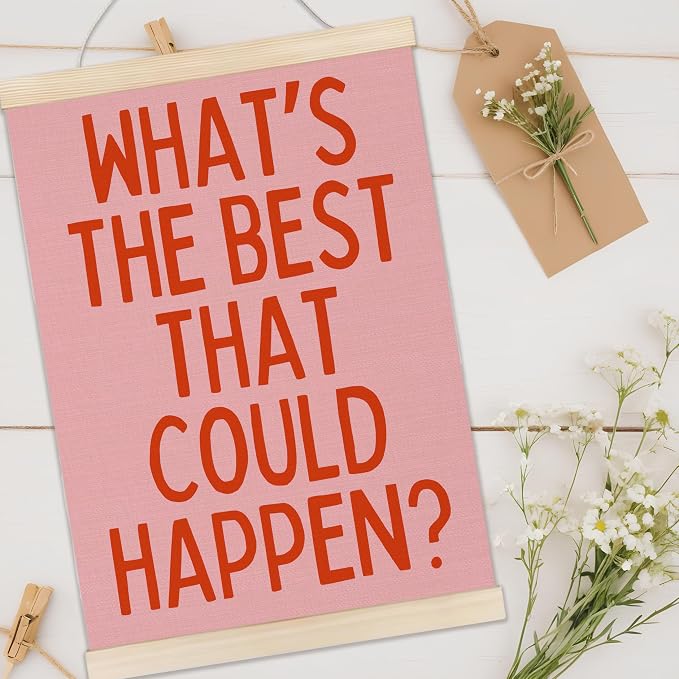 Welshower Boho Motivational Positive Poster Hanger Frame, What's the Best That Could Happen Positive Affirmations Wall Art Prints Decor for Living Room Bedroom Home Office Framed, 12x16 Inch（pink）