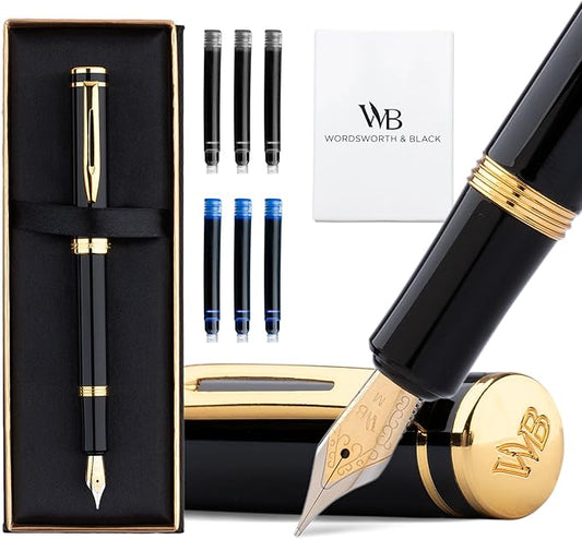Wordsworth and Black Fountain Pen Mini EDC: Luxury Black Heavy Pocket Pen, Gold Finish, Medium Nib, 6 Ink Cartridges, Ink Converter, Travel Refillable Writing Pen Gift Set, Men & Women