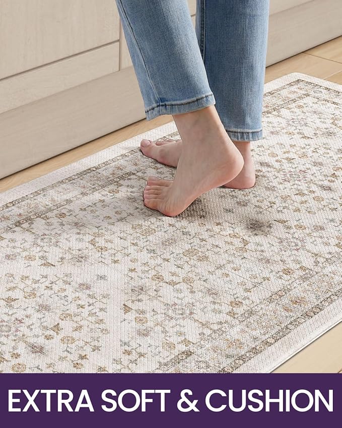 DEXI Kitchen Floor Mats Cushioned Anti Fatigue, 23x59 Long Wide Standing Comfort Runner Rug, Waterproof Retro Floral Memory Foam Padded for Front Sink Laundry, Beige/Ivory