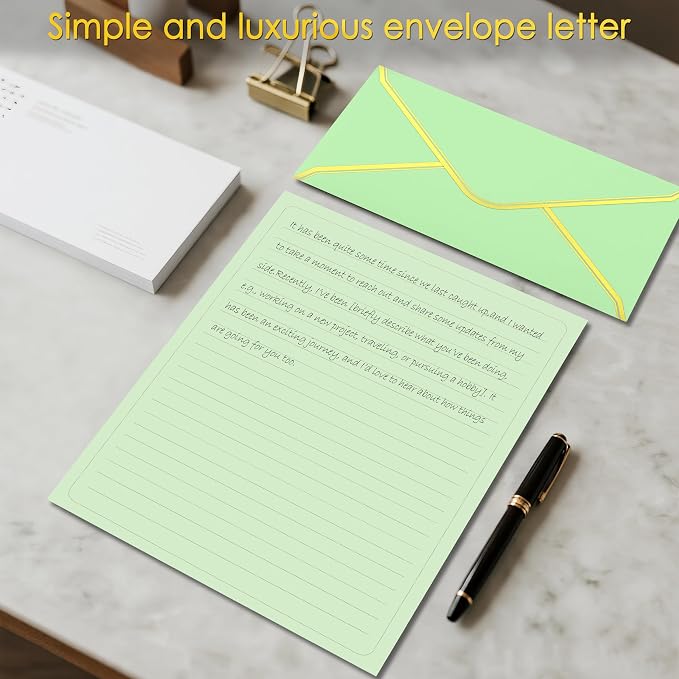 J6&H6 Gold Thread Stationary Paper and Envelopes Set Including 12 Standard Sized Phnom Penh Envelopes and 24 Sheets of Lined Paper Suitable for Daily Emotional Expression Formal Communication(green)
