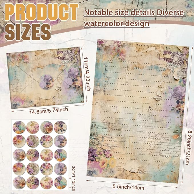 TaoBary 160 Pcs Stationery Paper Kit 50 Double Sided Stationery Papers with 50 Matching Envelopes and 60 Round Dot Sticker, 10 Design (vintage Floral, 8.25 x 5.5 Inch)