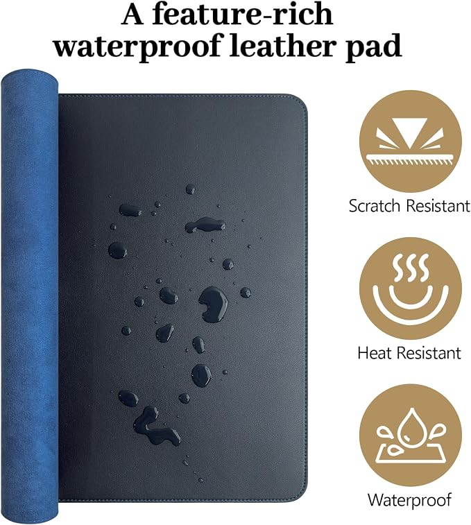 Dark Blue Leather Desk Pad Large Mouse Pad, 23.6"x13.8" | Waterproof Desk Mat for Keyboard and Mouse, Non-Slip Computer Desk Protector, Smooth Mouse Control for Home Office