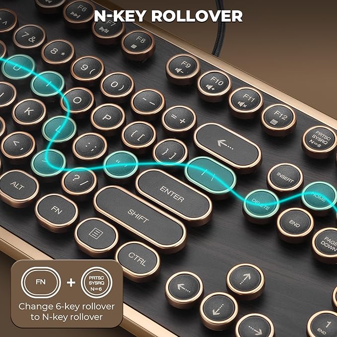 RK104 Retro Mechanical Keyboard, Wired Full-Size 104 Keys with Typewriter Round Keycaps, Wooden Grain, N-Key Rollover, Green Linear Switches, Ideal for Retro Lovers