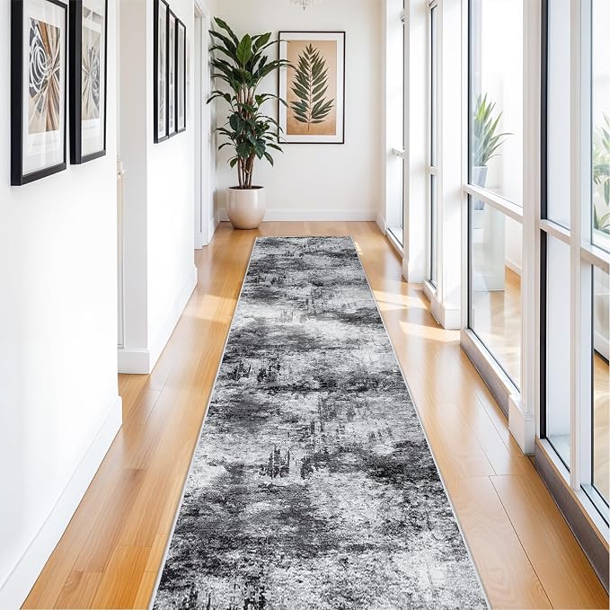 3x14 ft Long Hallway Runner Rug: Modern Abstract Washable Non-Slip Kitchen Runner Wide Throw Indoor Carpet for Entryway Bedroom - Ultra Soft Low-Pile Thin Floor Mat for Home Decor (3x14 Black-A)