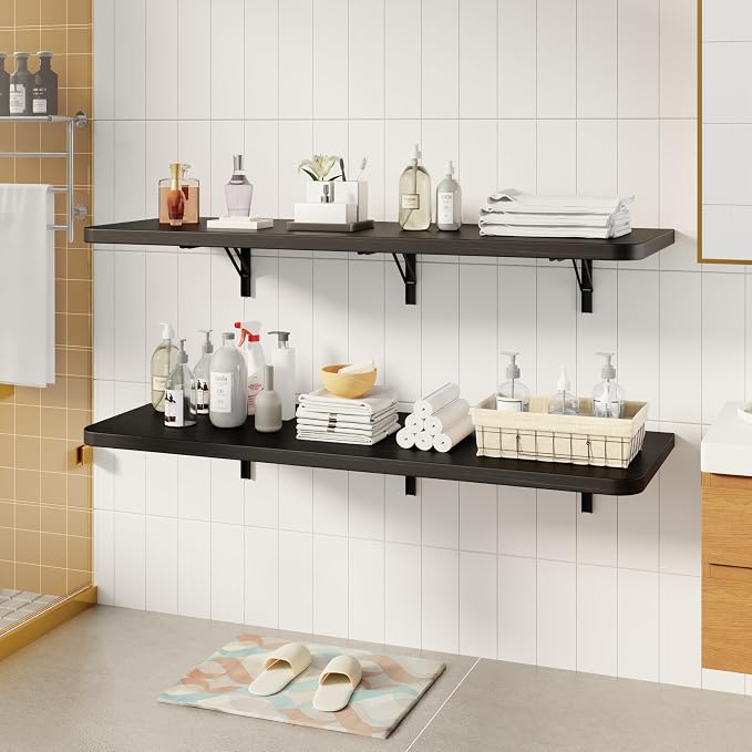 Dogsky Floating Wall Desk, 48" x 16" Wall Mounted Folding Table, Pine Wood Fold Down Wall Table, 300 lb Capacity Wall Mount Desk for Small Apartment, Laundry Room,Kitchen,Bar & Computer Use, Black