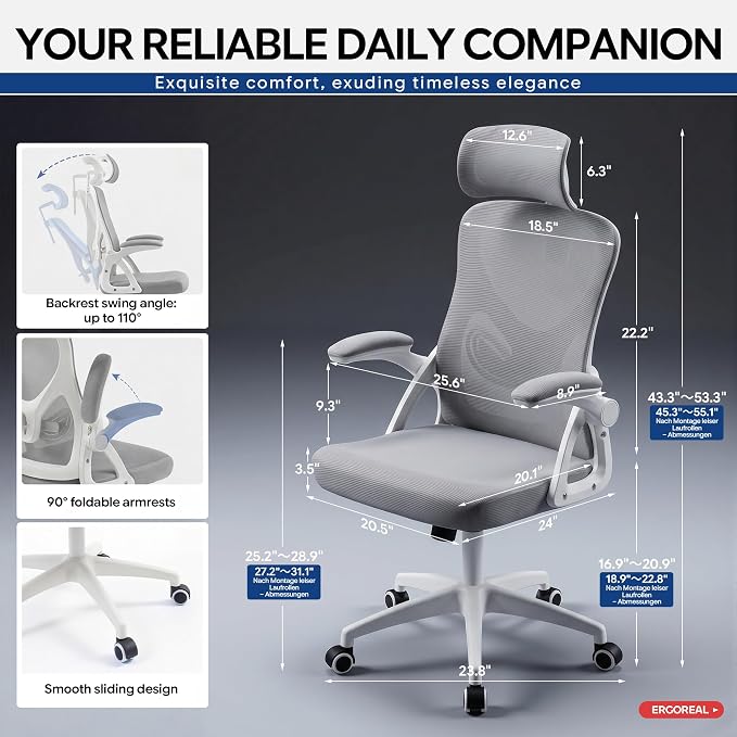 Ergonomic Office Chair–Mesh Computer Chair with Adjustable Lumbar Support, 2D Headrest, Foldable Armrests&Class 3 Gas Lift–Comfortable Home Office Desk Chair for Long Sitting,400 lbs (Gray)