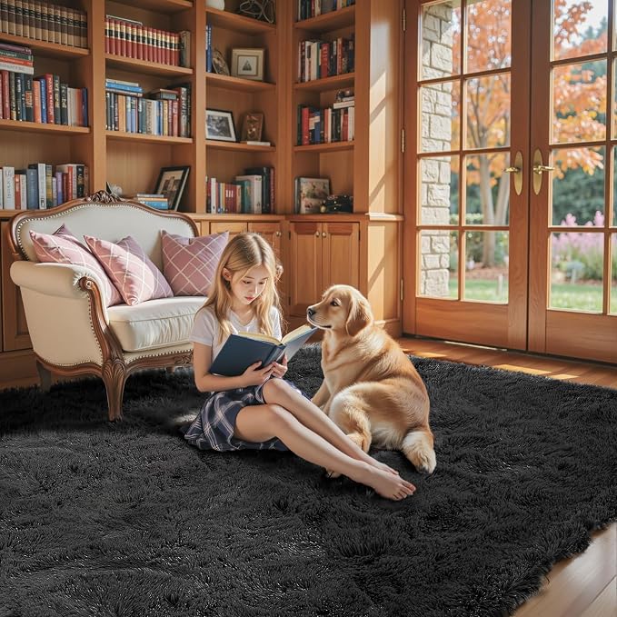 Rugs for Living Room 5x8, Alfombras para Salas Shag Large Plush Soft Area Rug, Shaggy Carpets for Bedroom,Boys Girls Home Decor Aesthetic(Black, 5 x 8 Feet)