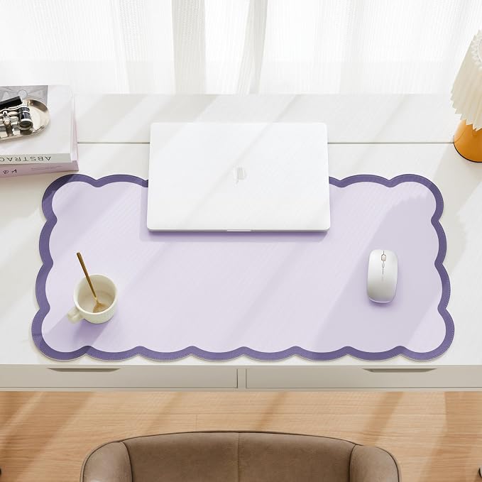Scalloped Desk Mat, 31.5" x 15.7" Large Cute Aesthetic Desk Accessories, PU Leather Computer Laptop Desk Mouse Keyboard Pad, Desk Writing Mat for Vanity/Work/Home Decor Purple