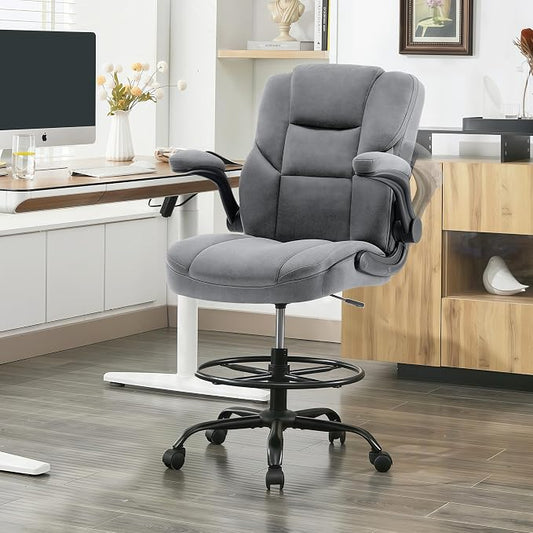 Drafting Chair 500Lbs, Tall Office Chair for Standing Desk, Fabric Executive Office Chair with Flip-up Armrests, Ergonomic High Chair with Adjustable Foot Ring, Comfy Stool Chairs, Grey