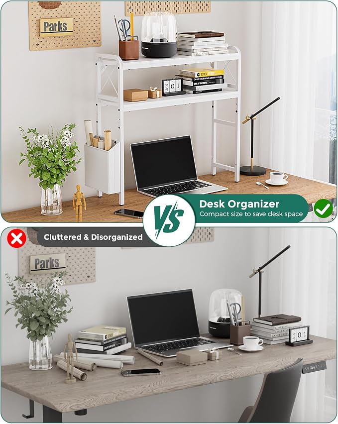 Desk Hutch Dorm with Adjustable Shelves and Side Pockets | 2-Tier Desktop Bookshelf Organizer, Monitor Stand, Large-Capacity Display Shelf Rack for Home Office or Study, White