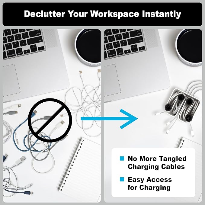 Cable Organizer with Multiple Compartments, Secure Cable Ends, Prevent Tangling, Tidy Workspace, Charging Solution, Desk Organizer Cord Management, White Plastic