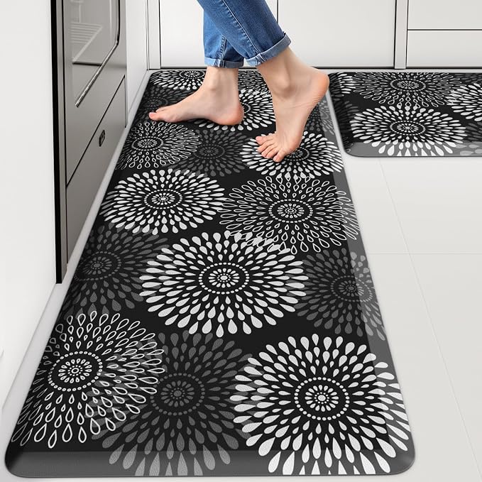 LuxStep Kitchen Mats for Floor,0.47 inch Thicker Cushioned Rug Anti-Fatigue Mats for Kitchen Decor Accessories,Waterproof Non-Slip Mats and Rugs Set for Office,Laundry 17.3"×29"+17.3"×47",Black