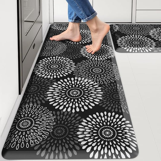 LuxStep Kitchen Mats for Floor,0.47 inch Thicker Cushioned Rug Anti-Fatigue Mats for Kitchen Decor Accessories,Waterproof Non-Slip Mats and Rugs Set for Office,Laundry 17.3"×29"+17.3"×47",Black
