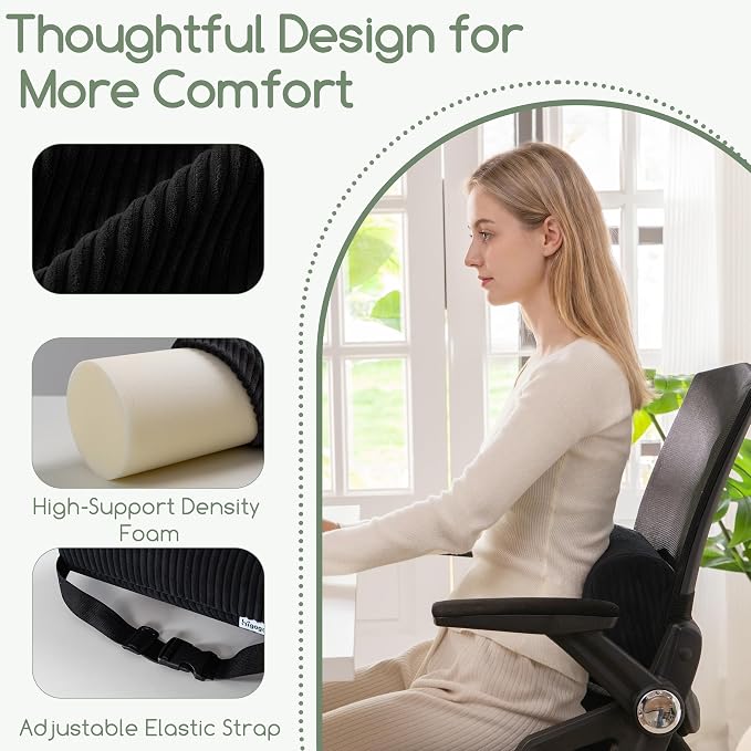HIGOGOGO Lumbar Roll Lumbar Support Pillow for Office Chairs, Cars, and Gaming Chairs, Back Cushion with Washable Cover & Adjustable Strap to Relieve Back Pain and Improve Posture, 11"x6"x5", Black