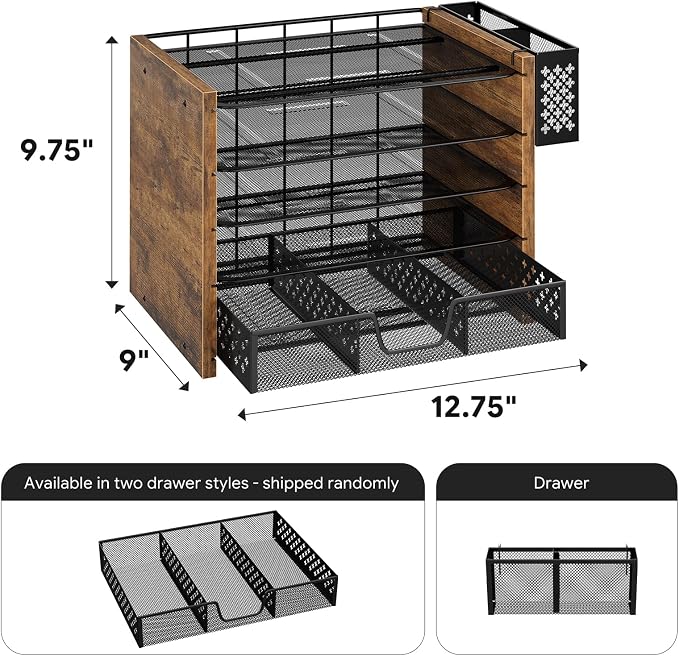 Simple Trending Wooden Desk Organizer, 5-Tier File Organizer, Rustic Brown | Wooden Desk Organizers and Accessories with Drawer & Pen Holder, Natural Wood & Metal for Office Home, 9"L x 12.75"W x 9.75"H