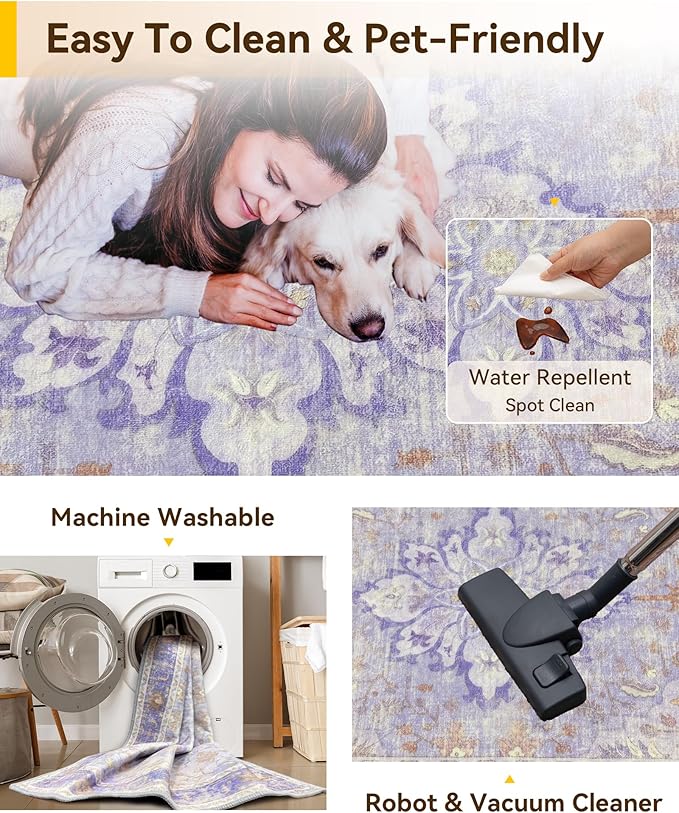RELEANY Area Rugs Small 2'x3' Washable Non-Slip, Floral Vintage Distress Medallion Carpet for Kitchen Entryway Bathroom, Light Purple Brown