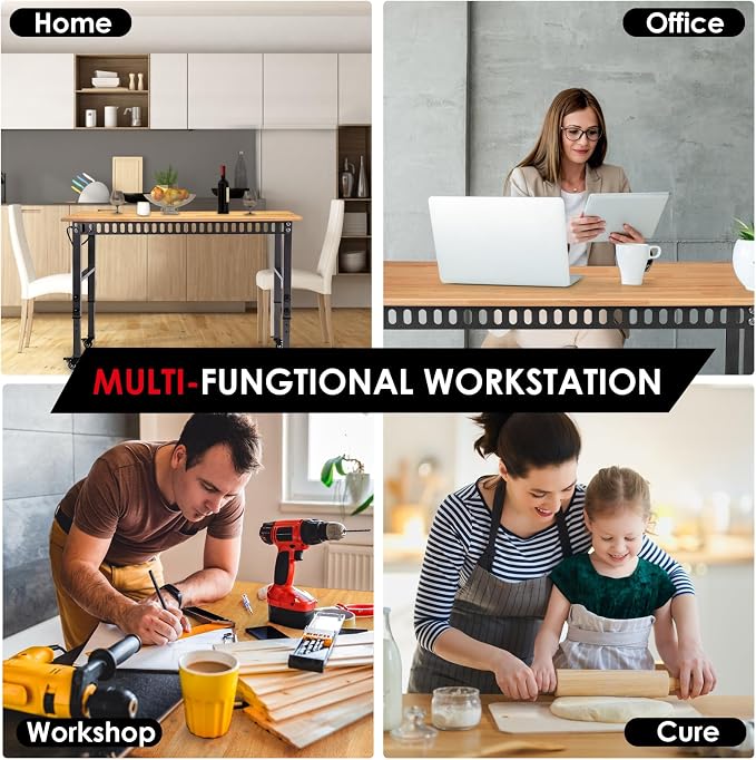 OLBRUS 48 "Adjustable Workbench with Power Outlet, Heavy Duty 2000 LBS Load Capacity Hardwood Workbench Suitable for Workshop, Office, Garage, Home with Wheels