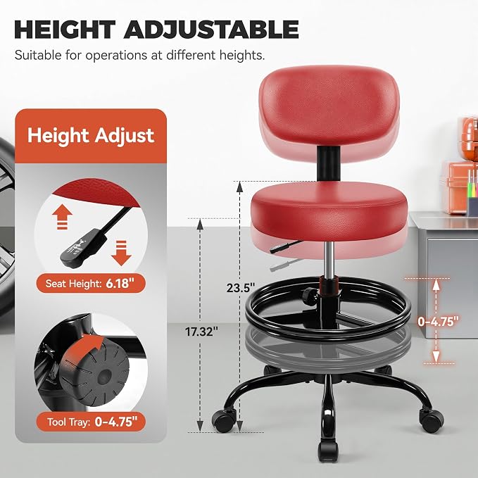 Shop Stool with Wheels for Garage, Mechanics Rolling Chair with Backrest, Adjustable Height Heavy Duty Garage Stool with Footrest and Storage Tray, Swivel Task Chair for Workshop Kitchen Salon (Red)