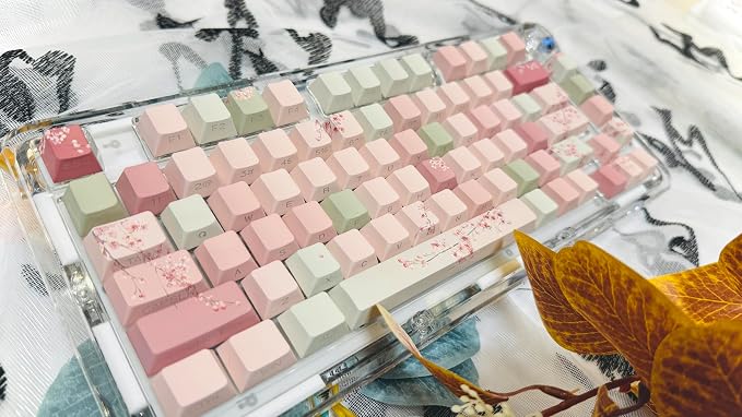 Peach Blossom Keycaps Side Print Custom Cherry Profile PBT Shine Through Keycaps Pink Green 128 Keys for Mechanical Keyboards 60% 65% 75% Backlit Key Caps