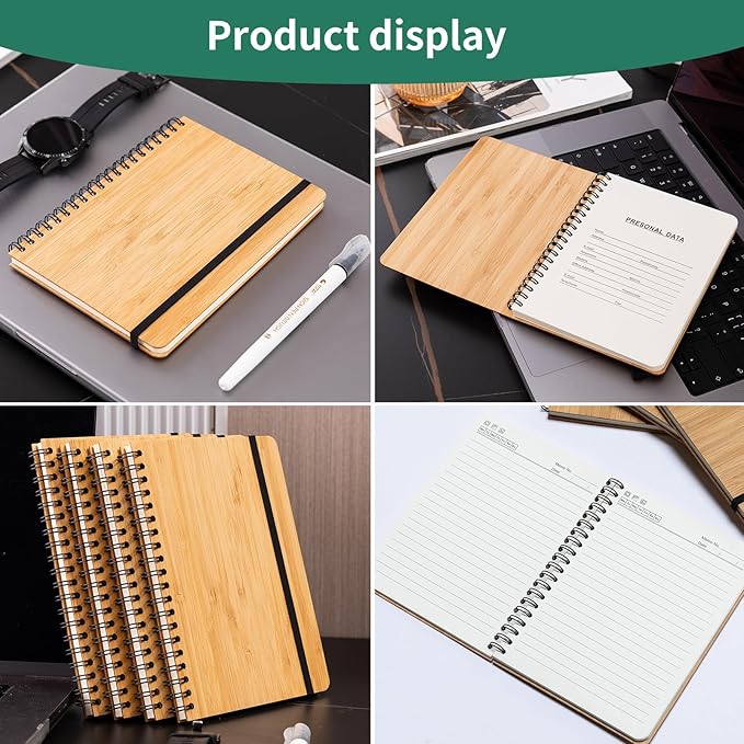 4 Packs Lined Bamboo Notebook Journals, Wooden Notebooks 80 Pages, 5" * 7" Hardcover Notebook College Thick Paper Notebook, Journaling Notebook for Work Women Men School