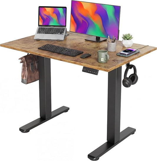 Claiks Electric Standing Desk, 40x24 Inch, Rustic Brown | Adjustable height for sit-stand, 156lbs capacity, scratch-resistant surface, 3 memory presets, cable management & hook.
