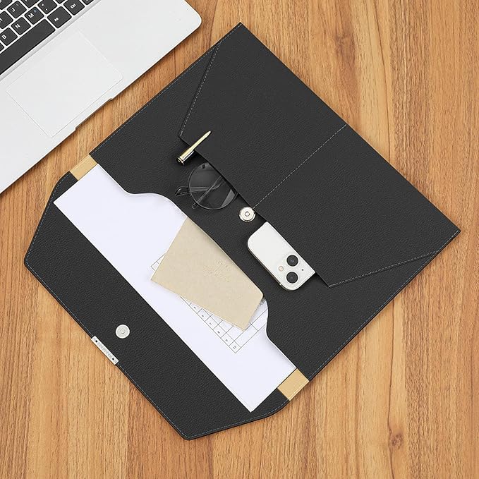 VANRA File Folder Document Holder Organizer Waterproof Portfolio Leather Folder Case with 3 Pockets, Filing Envelopes for A4 Letter Size Paper with Snap Magnetic Button Closure (Black)