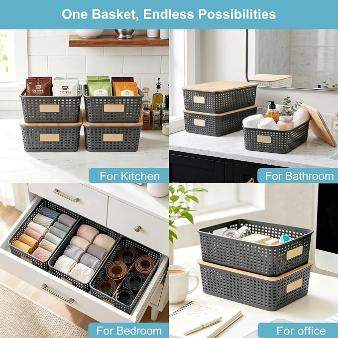 Bagnizer 4 Pack Plastic Storage Bins with Bamboo Lids, 6.2qt Stackable Storage Organizer Box with Lable for Pantry Shelves Drawers Desktop Office, 12"L x 8.3"W x 3.5"H, Gray