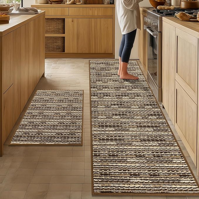 Kitchen Rugs Sets of 2-Non Slip Kitchen Mats for Floor-Thick Stain Resistant Vintage Kitchen Floor Mat Runner Carpet for Hallways Entryway Laundry Room Washable（Brown 24"x70"+24"x35"）