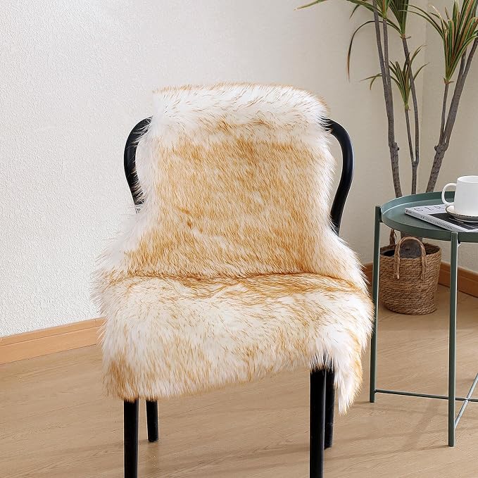linmopm Faux Fur Sheepskin Rug, 2x3 ft, White and Yellow | Shag Fluffy Fuzzy, High-Density Cushion, For Bedroom Bedside Living Room, Plush Carpet, Sofa Cover