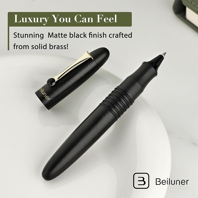 BEILUNER 320 Black Rollerball - Stunning Luxury Pen with Gold Finish, EDC, Heavy, Smooth Black Ink Refill, Best Gift Set for Men & Women, Professional, Executive Office, Nice Classic Pens