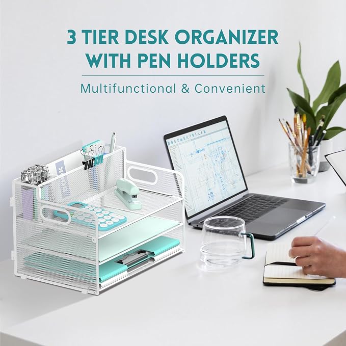 3-Tier Desk Organizer with Pen Holder and Handles, Paper Organizer, White | Desk Organizer and Paper Organizer for Desk with Pen Holder, Paper Trays and Handles for Files, Mail and Office Supplies