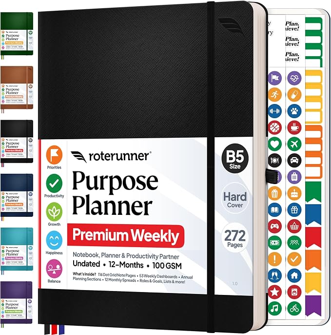 Roterunner Purpose Planner Notebook B5 7.5”x9.8” 12 Month Undated 2026 Daily Weekly and Monthly Productivity Goal Setting Tool for Work Home ADHD Planner for Adults Self Care Journa (Black)