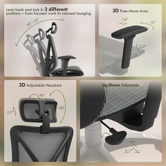 ELABEST T23 Ergonomic Mesh Office Chair, High Back Computer Desk Chair, Breathable AirMesh with Dual-Move Lumbar Support, 3D Armrests & Headrest, Tilt Lock, Big and Tall for Home Office((Eucalyptus)