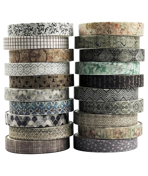 Basic Skinny Washi Tape Set 20 Rolls- Retro Antique Patterns Masking Thin Decorative Tapes for Arts, DIY Crafts, Bullet Journal, Planners, Scrapbook Decor, Gift Wrapping, Junk Journal