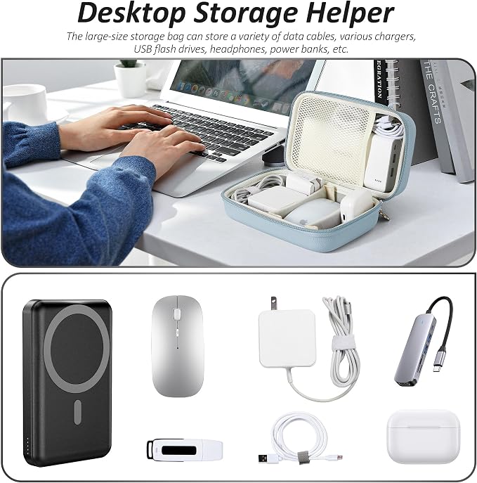 Charger Case for Macbook, Portable Tech Electronic Organizer Bag, Small Travel Storage Pouch for Laptop Accessories, MacBook Power Adapter, Charging Cords, USB Drives, Power Bank (Blue, XL)